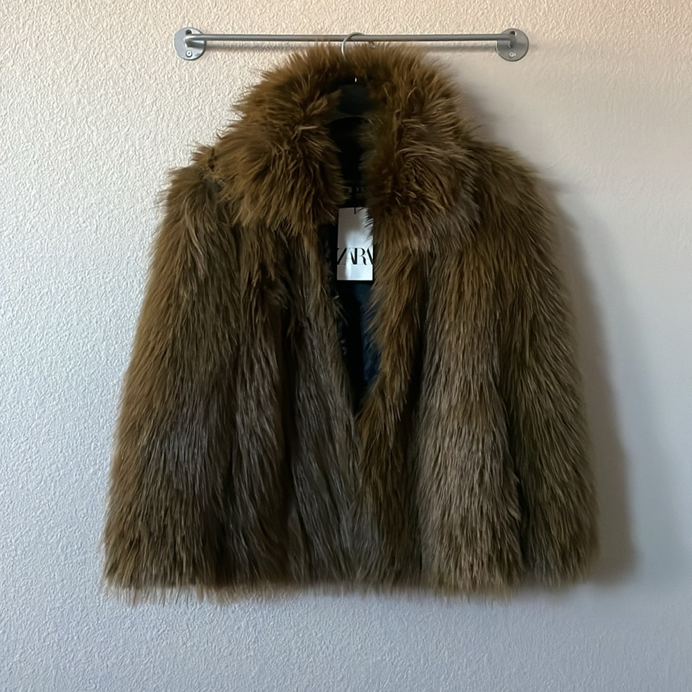 NWT Zara Faux Fur Lapel Collar Short Coat ZW Collection Sz:XS-S